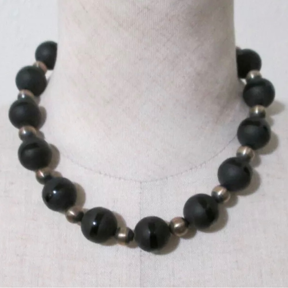Vintage Native American Glass & Sterling Silver Necklace Black on Black 17 1/4”